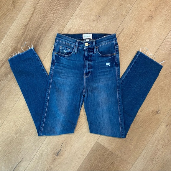 Frame Le Sylvie Slender Straight Leg with Distressed Raw Hem Denim Jeans - Picture 1 of 6